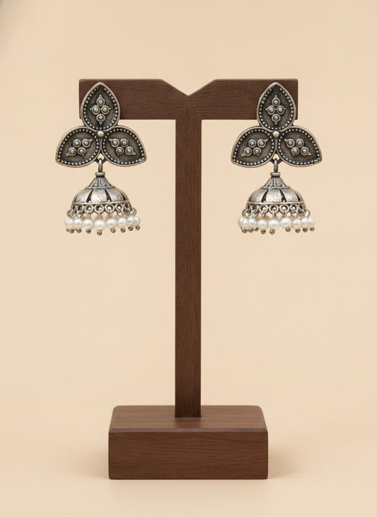 Silver Oxidized Leaf stud and Jhumka with Pearl Drops for Women - Ethnic Everyday Wear