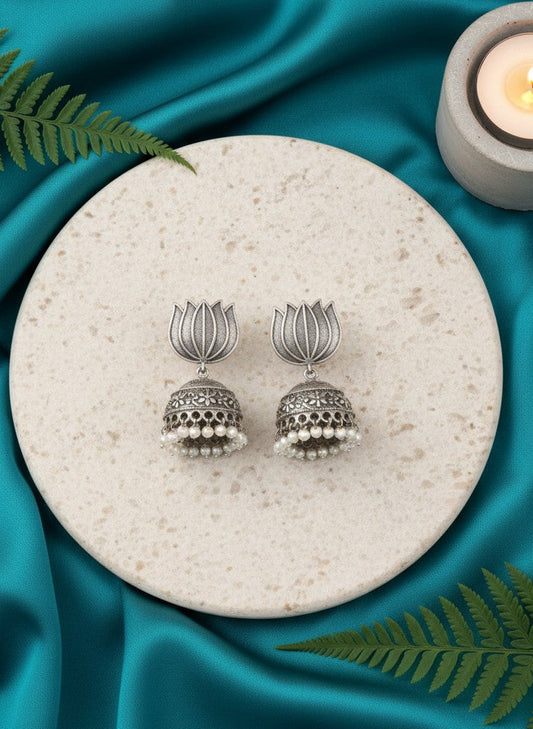 Silver Oxidized Lotus Motif Jhumka Earrings with Pearl Drops for Women - Everyday Wear