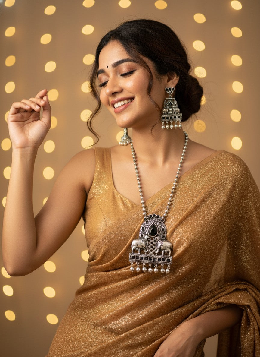Model wearing Silver Oxidized Nandi and Floral Motif design Necklace Set for Women - All Occasions