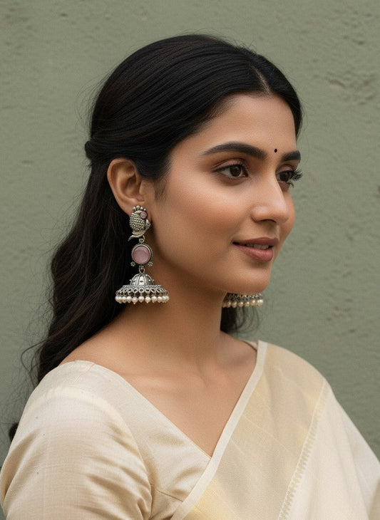 Silver Oxidized Peacock-Inspired Pink Stone Jhumka Earrings for Women - Special Occasions