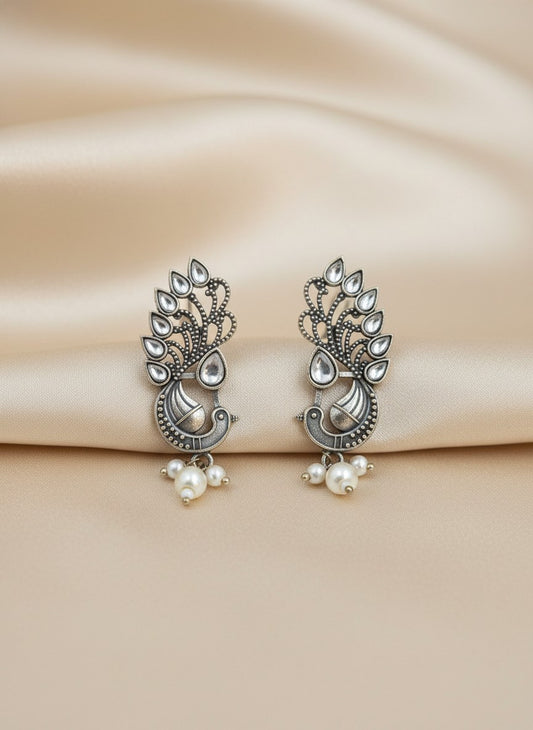 Silver Oxidized Peacock Motif Studs Earrings in White Stones and Pearl Drop for Women - Ethnic Wear