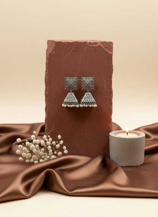Silver Oxidized Square Stud Jhumka Drop Earrings for Women - All Occasions