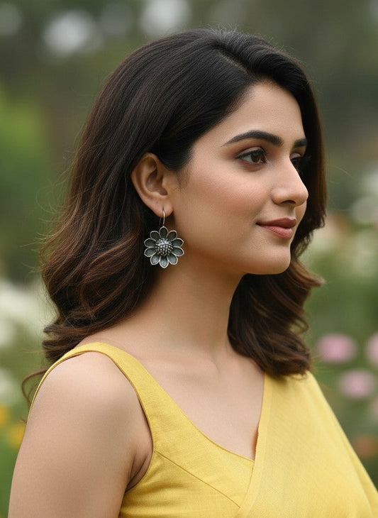 Silver Oxidized Sunflower Drop Hook Earrings for Women - All Occasions