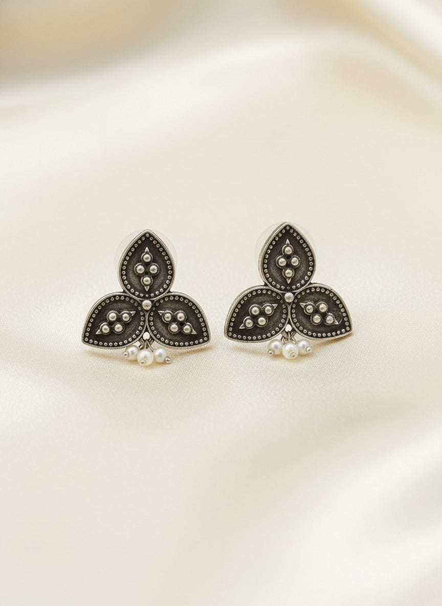 Silver Oxidized Triple Leaf Stud Earrings with Pearl Drops for Women - Everyday Wear