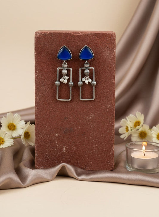 Statement Silver Oxidized Geometric Dangler Earrings with Monalisa Stones and Pearls for Women - All Occasion Wear