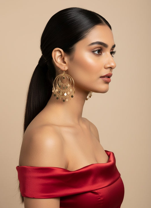 Trendy Gold Plated Multiple Round Shaped with Hanging Charms Hoops Earring for Women