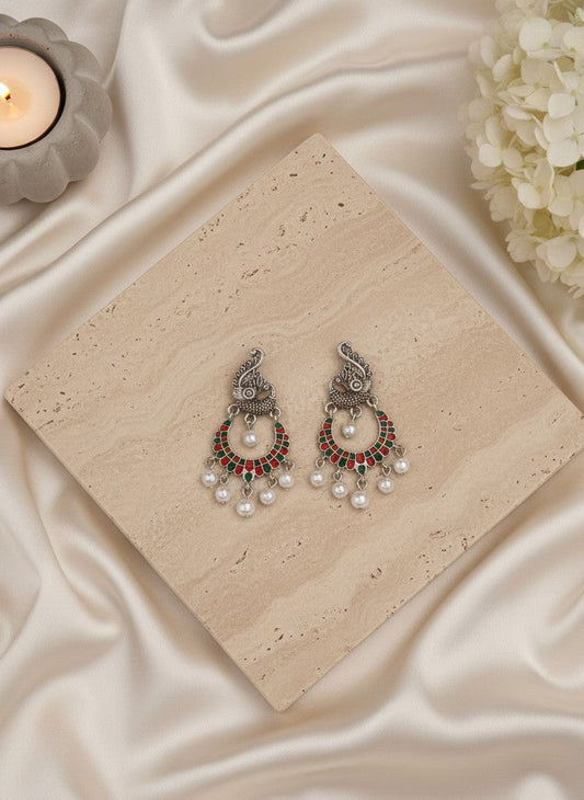 Silver Oxidized Peacock Designed Enamel Artwork with Dangling Pearl Antique Earring for Women