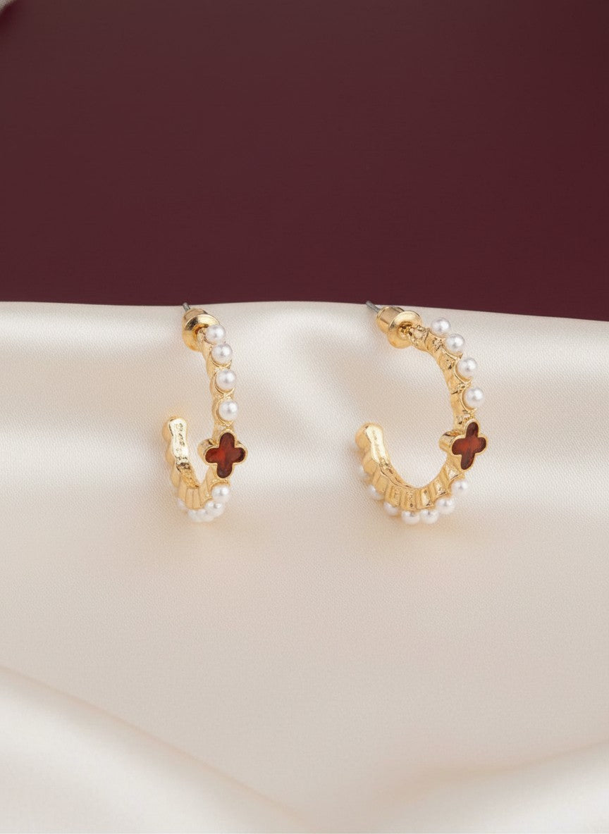 Trendy Pearl Studded Clover Design Enamel Hoops for Women