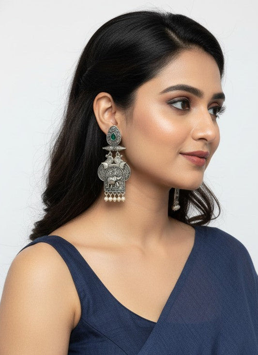 Traditional Silver Oxidized Elephant Motif Dangler Earrings with Blue Stone & Pearl Work for Women - Ethnic Wear