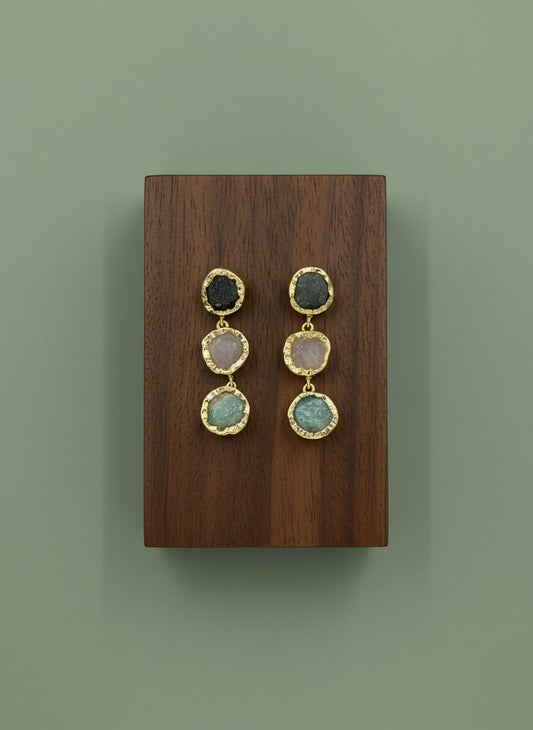 Trio Natural Stone Gold Statement Dangler Earrings for Women - All Occasion wear