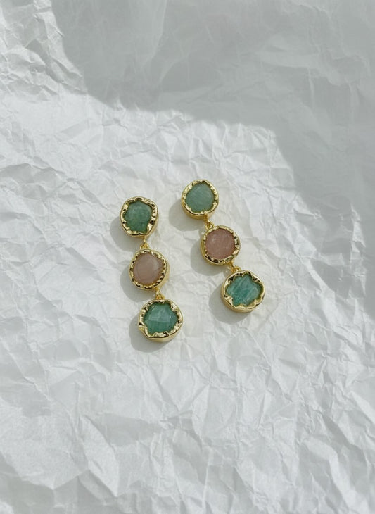 Trio Natural Stone Green Aventurine Gold Statement Dangler Earrings for Women - All Occasion wear