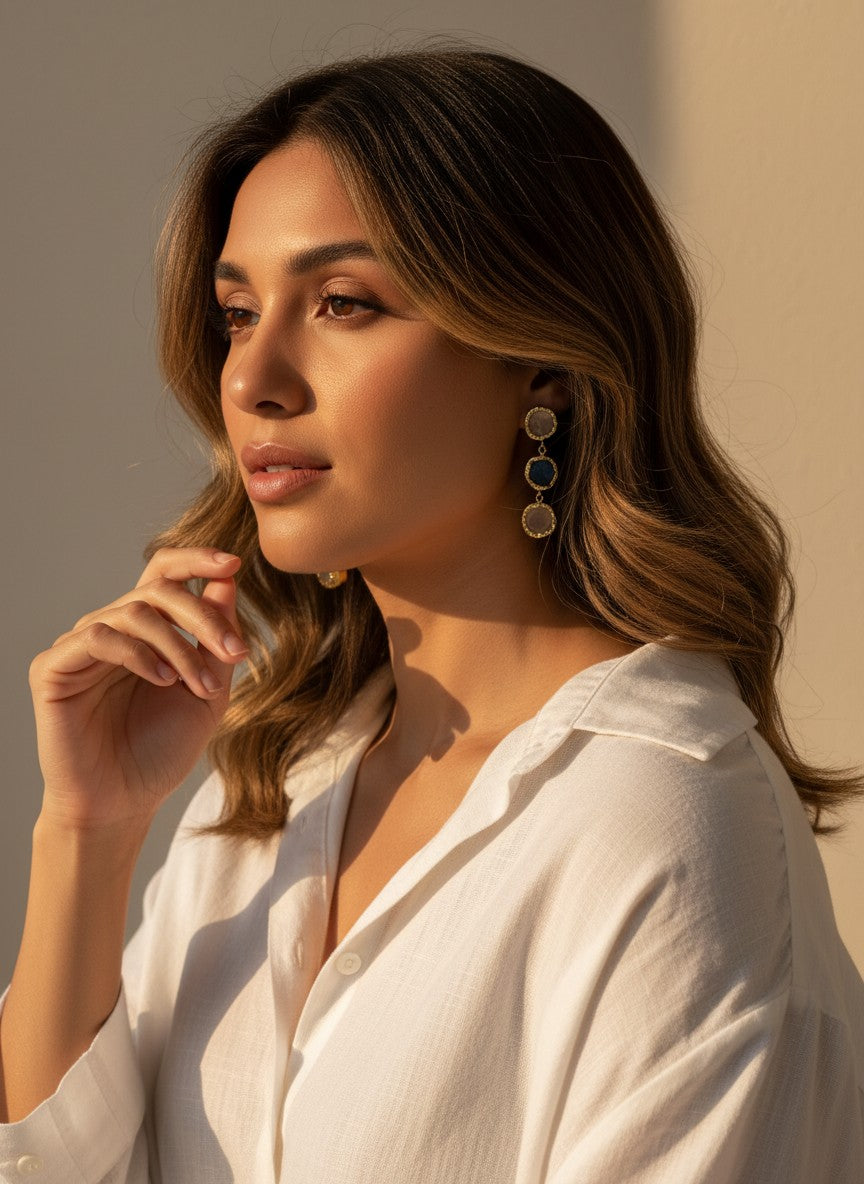Trio Natural Stone Moonstone Gold Statement Dangler Earrings for Women - All Occasion wear