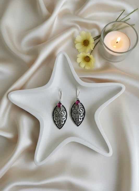 Verdant Filigree Leaf Hook Earrings with Dark Pink Accent Stone for Women - Everyday Wear