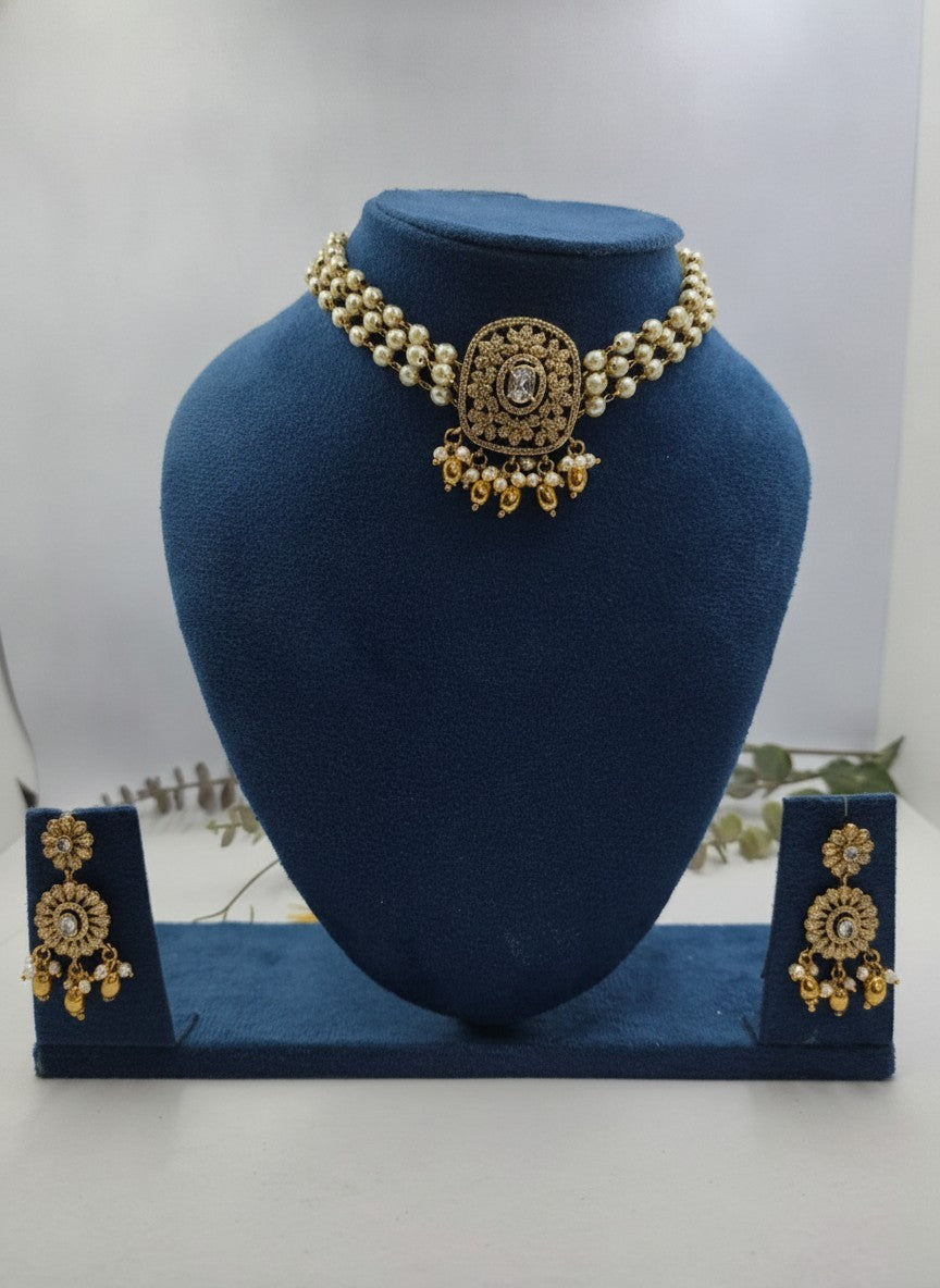 Gold Plated Pearl Choker Necklace Set with Polki & AD Pendant for Women - Special Occasions
