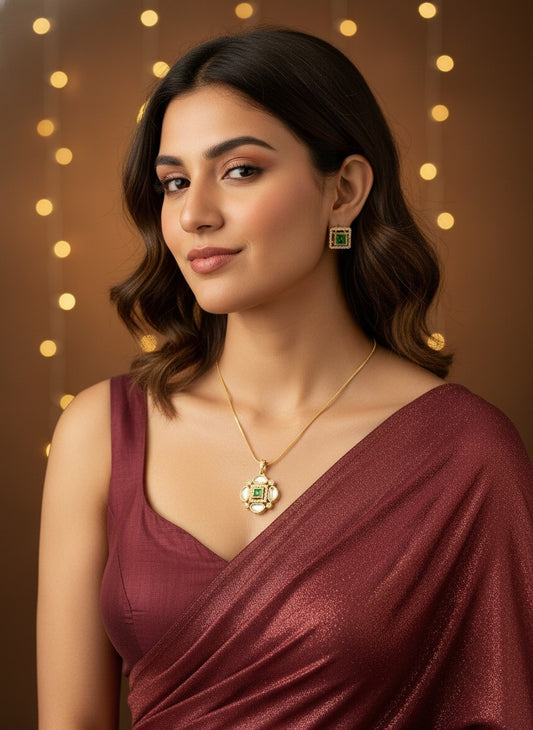 Designer Premium 22k Gold Plated Kundan Stone Pendant Necklace Chain Set with Earrings