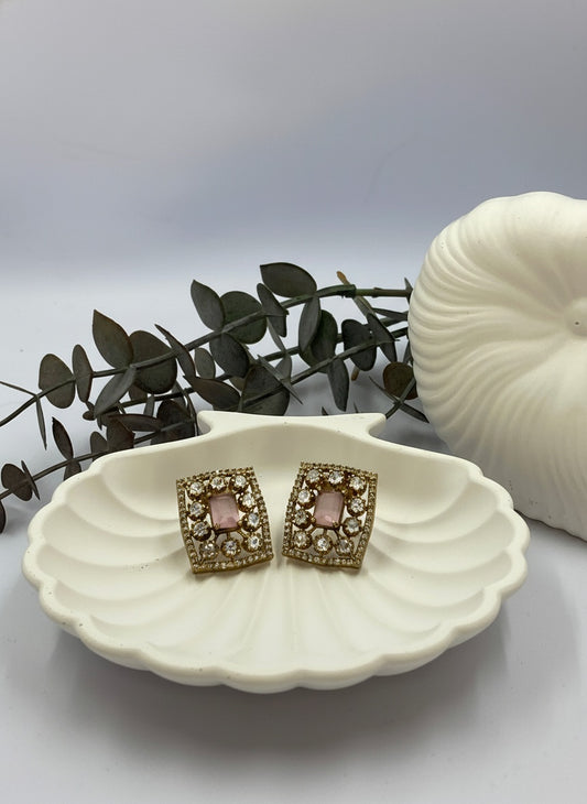 Victorian Gold Plated Polki Stud Earrings in Geometric Pattern