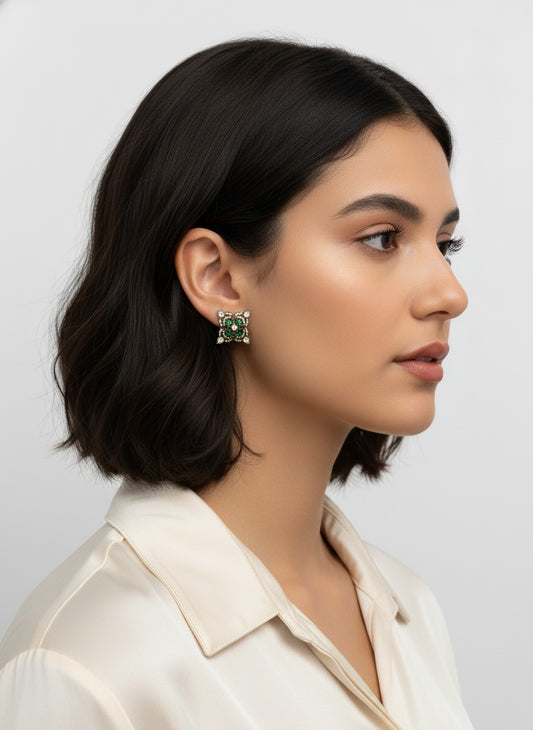 Victorian Gold-Plated Geometric pattern Polki Stud Earrings for Women