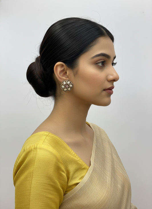 Victorian Gold Plated Floral Pattern Polki Stud Earrings