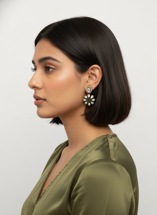 Victorian Gold Plated Polki Stud Earrings with Floral Drop for Women