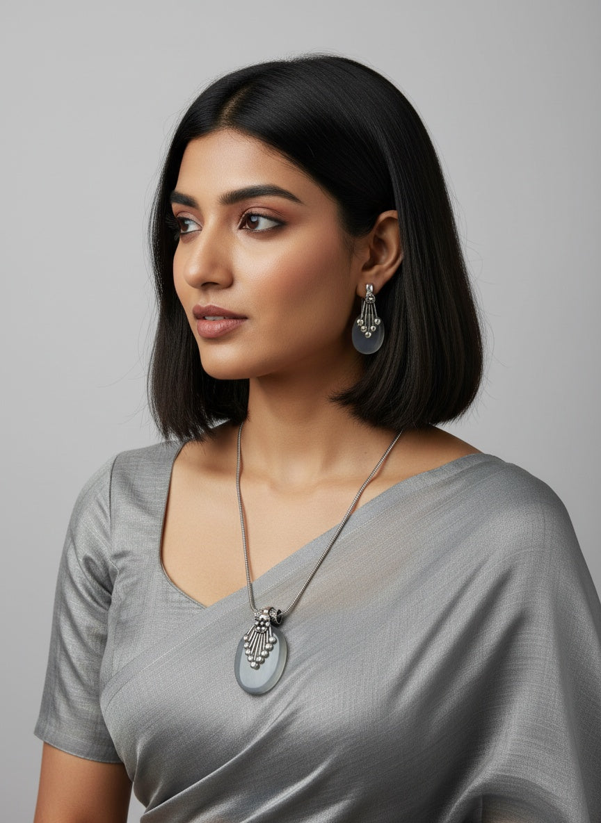 Silver Oxidized neck chain pendant necklace set in Oval Grey Monalisa Stones for Women - Everyday Wear