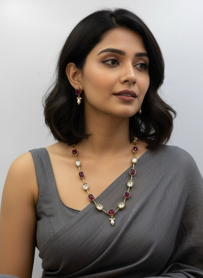 Gold Plated Crystal Stone and Beads Long Necklace Set for Women