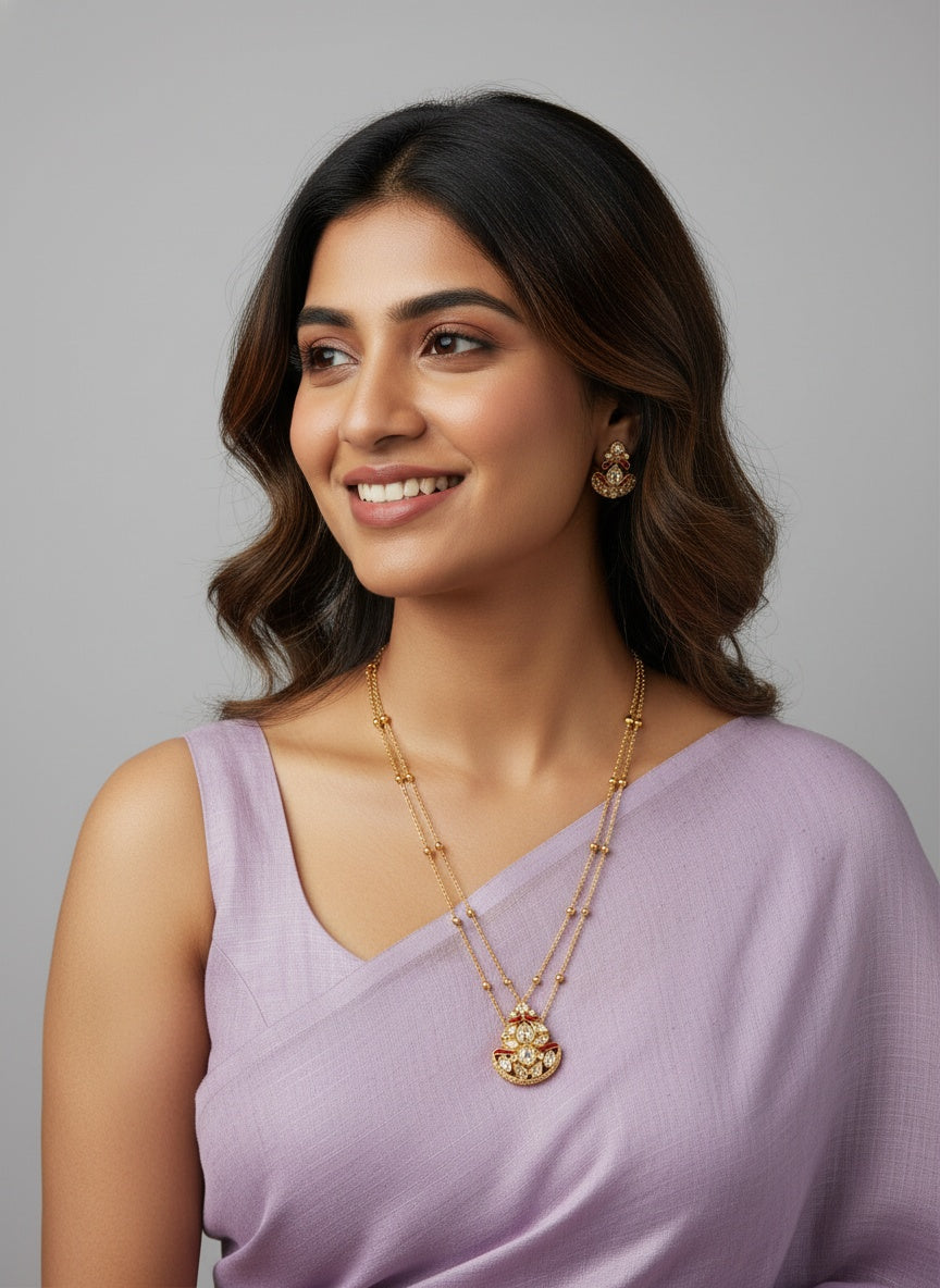 Classic Polki Kundan gold plated Long Necklace Set with Earrings for Women