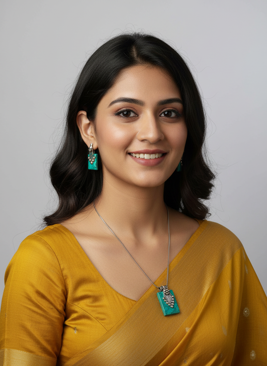 Silver Oxidized Ethnic Chain Necklace Set in geometric pattern