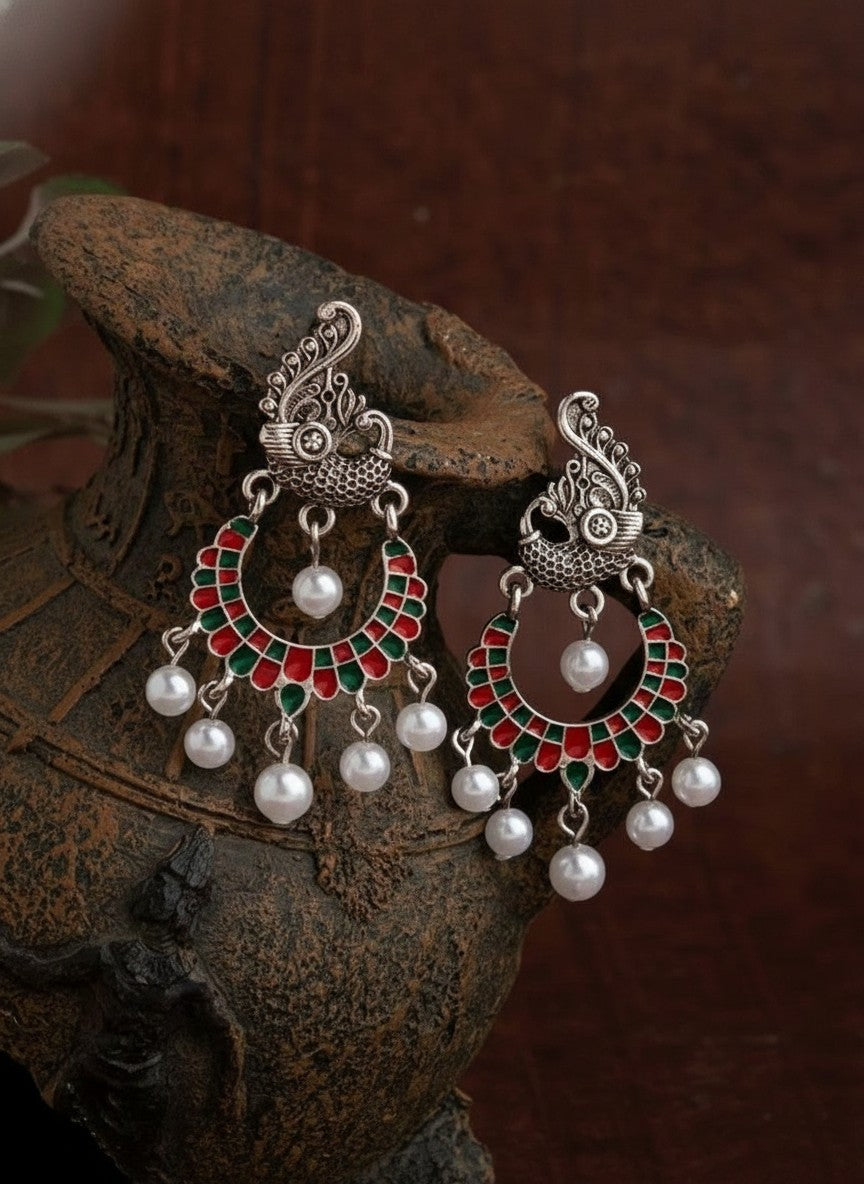 Silver Oxidized Peacock Designed Enamel Artwork with Dangling Pearl Antique Earring for Women - Festive Wear