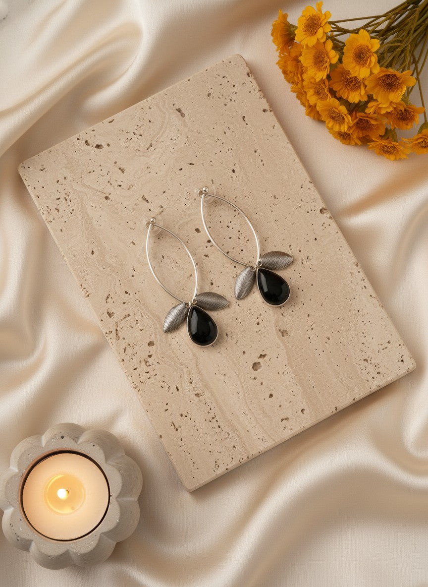Silver Oxidized Leaf Design Earrings with Stone Drop for Women - All Occasions Wear