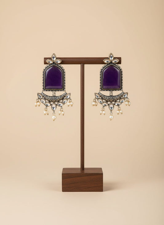 Silver Oxidized Jumbo Stone Dangler Earring for Women