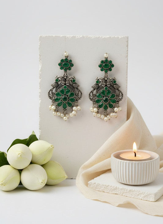 Silver Oxidized Peacock Dangler Earrings with Stone and Pearls for Women