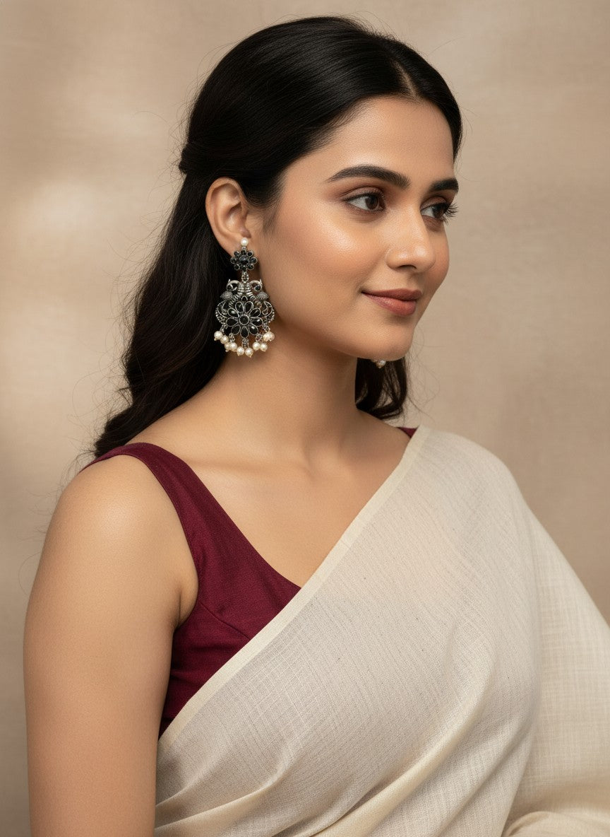 Silver Oxidized Peacock Dangler Earrings with Stone and Pearls