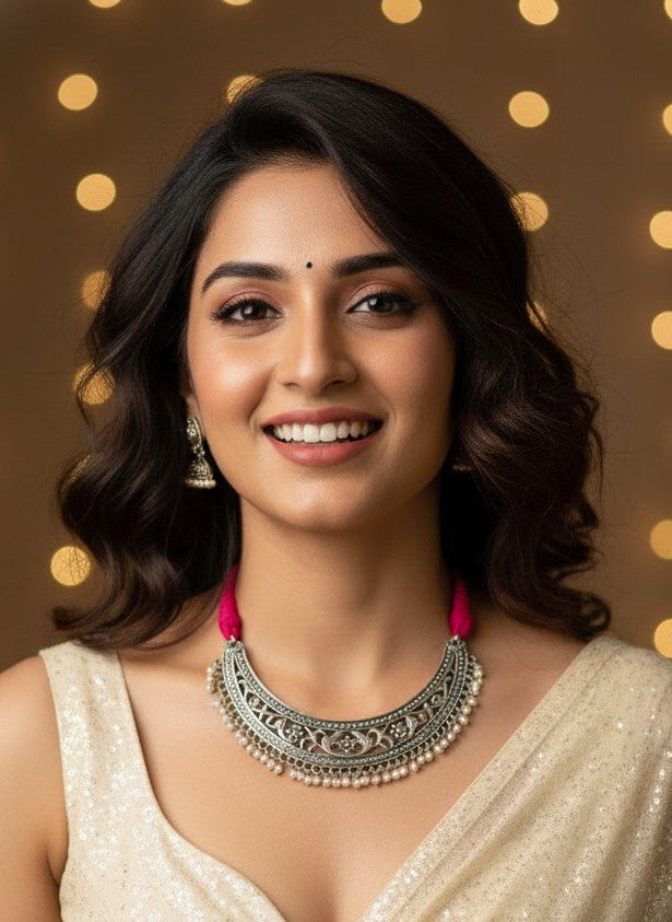 Traditional German Silver Floral Choker with Pearl detailing in an adjustable Dori back closure