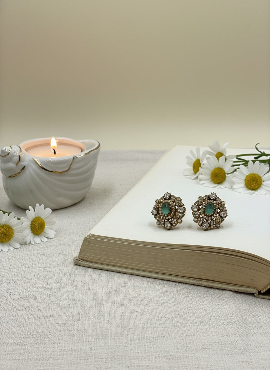 Victorian Floral Pattern Gold Plated Polki Stud Earrings