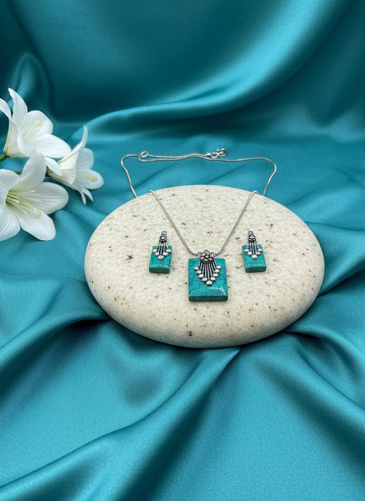 Silver Oxidized Ethnic Chain Necklace Set in Geometric Pattern Turquoise Stone for Women - Everyday Wear
