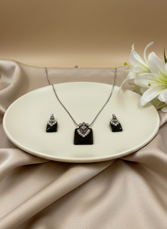 Silver Oxidized Ethnic Chain Necklace Set in Geometric Pattern Obsidian Stone for Women - Everyday Wear