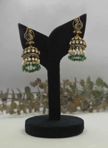 Gold Plated Polki Peacock Jhumka Earrings with Green Bead Drops – Wedding & Festive Wear