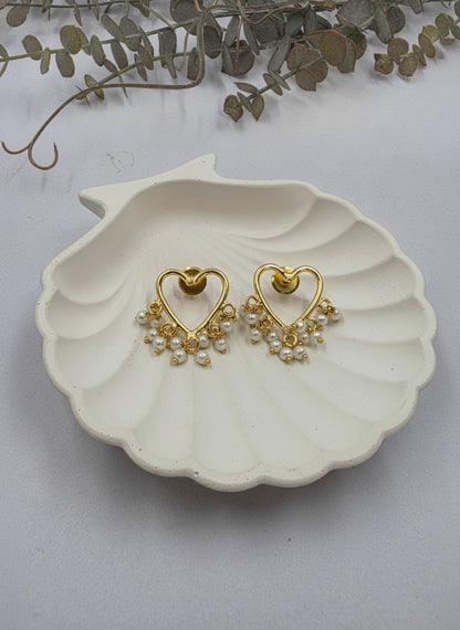 Gold Plated Heart Studs with Pearl Tassel Earrings for Women - Formal Fusion Wear