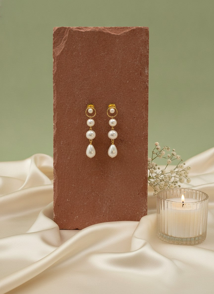 Gold Plated Layered Pearl Drop Earrings for Women - Everyday Wear