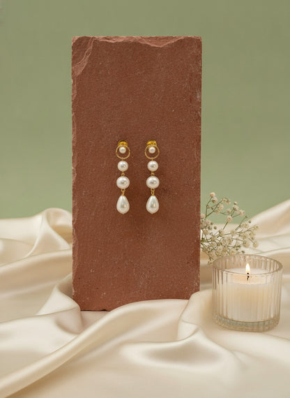 Gold Plated Layered Pearl Drop Earrings for Women - Everyday Wear