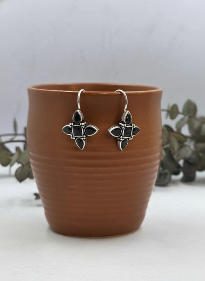 Silver Oxidized Black Stones Petal Motif Hook Earrings for Women - Everyday Wear