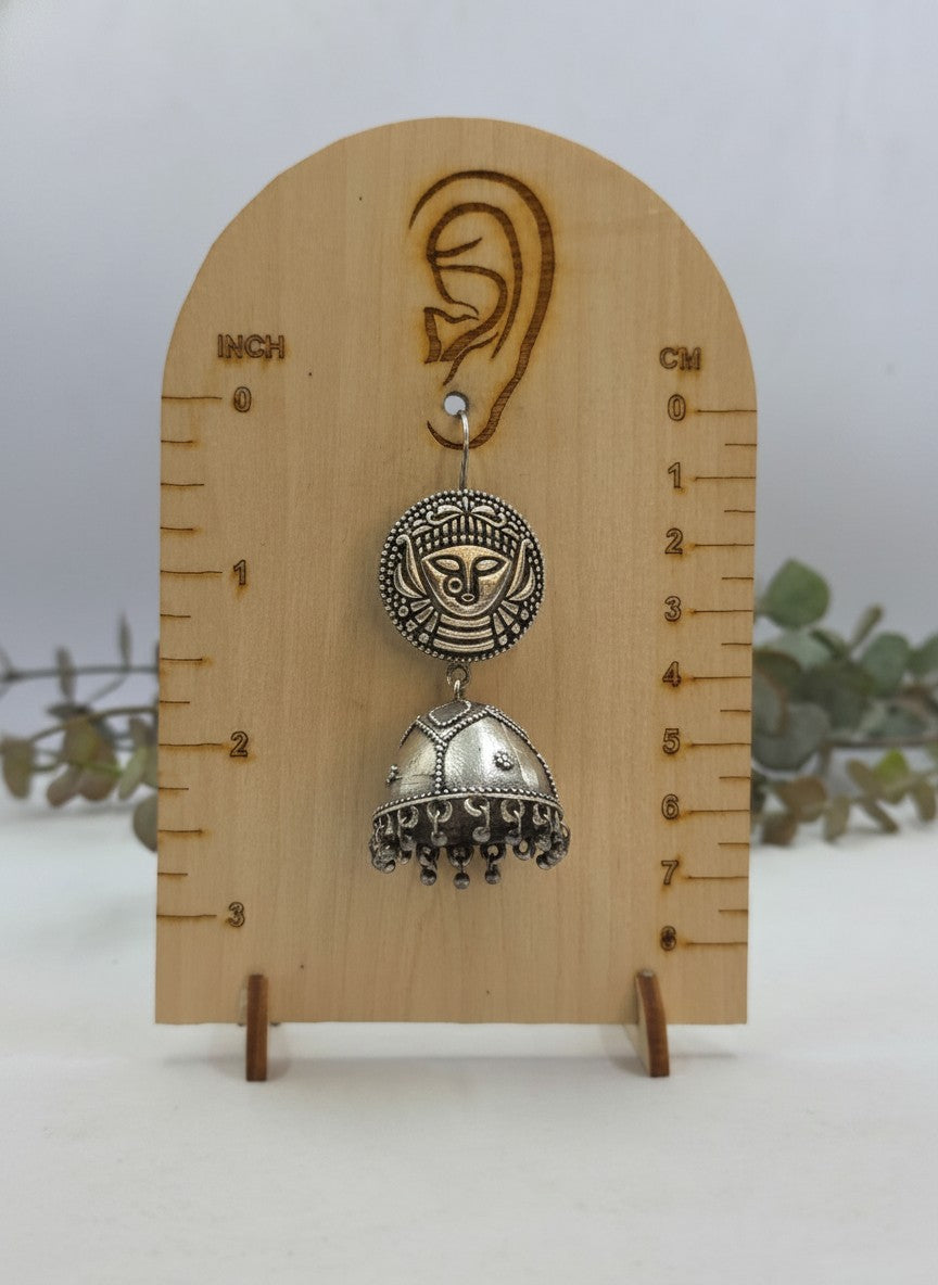 Devi Face Motif Silver Oxidized Hook Jhumka Earrings with Ghungroo Accents for Women - All Occasions