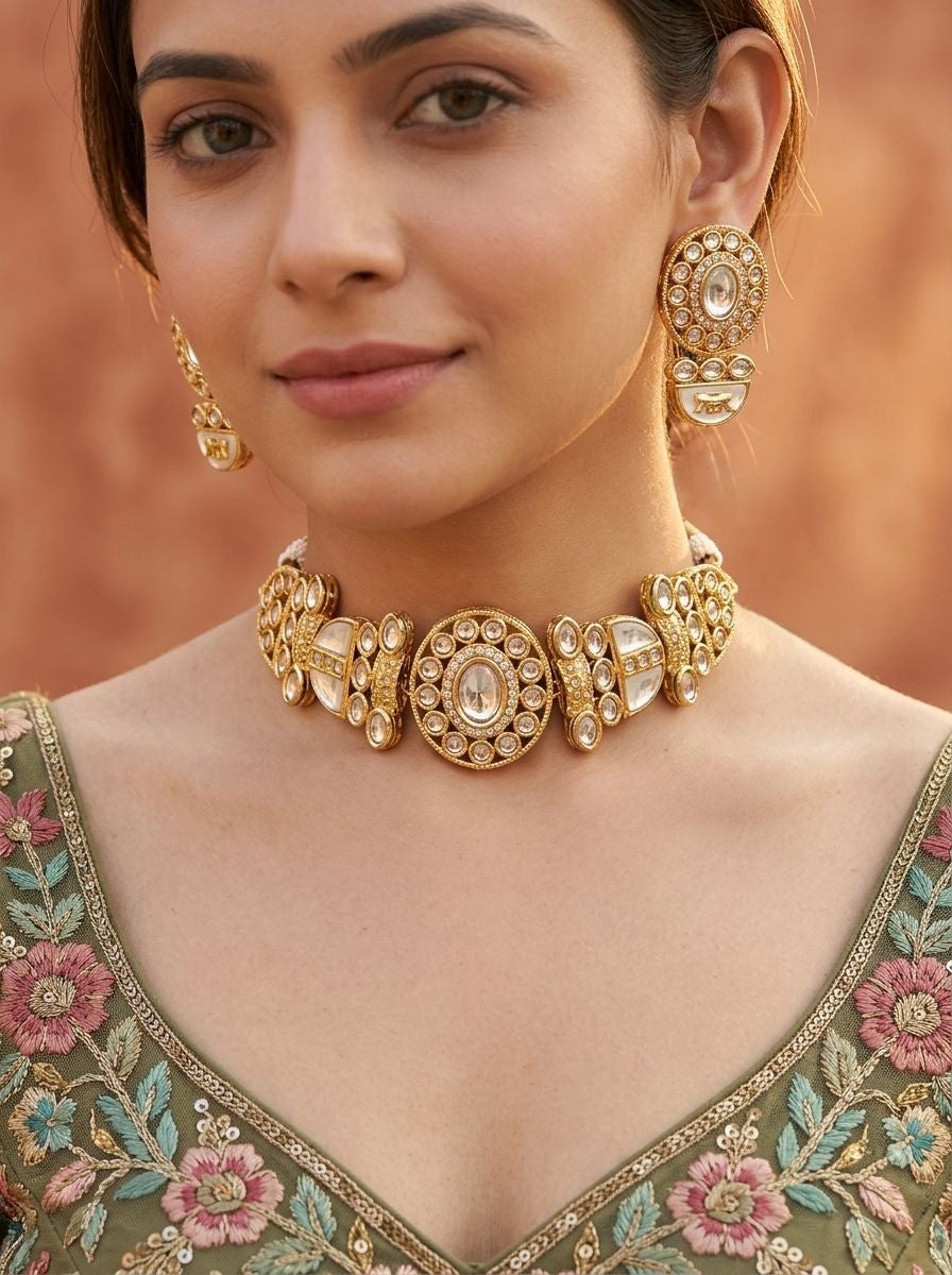 Aadhya Embossed Bengal Tiger Motif Polki Choker Necklace Set for Women - Festive Wear