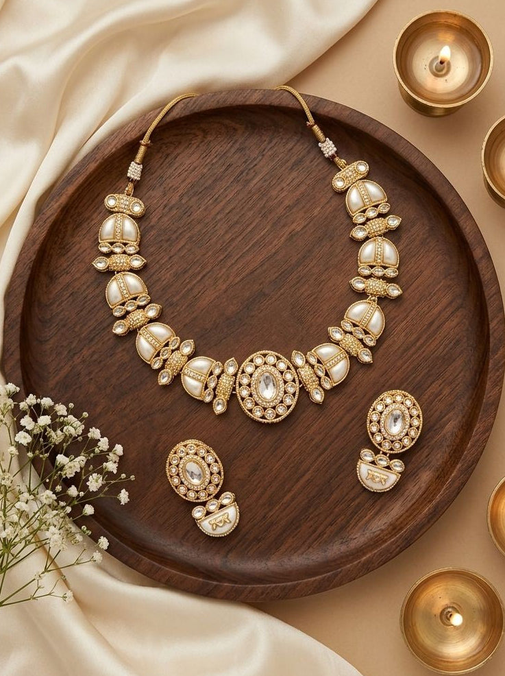 Aadhya Embossed Bengal Tiger Motif Polki Choker Necklace Set for Women - Festive Wear 