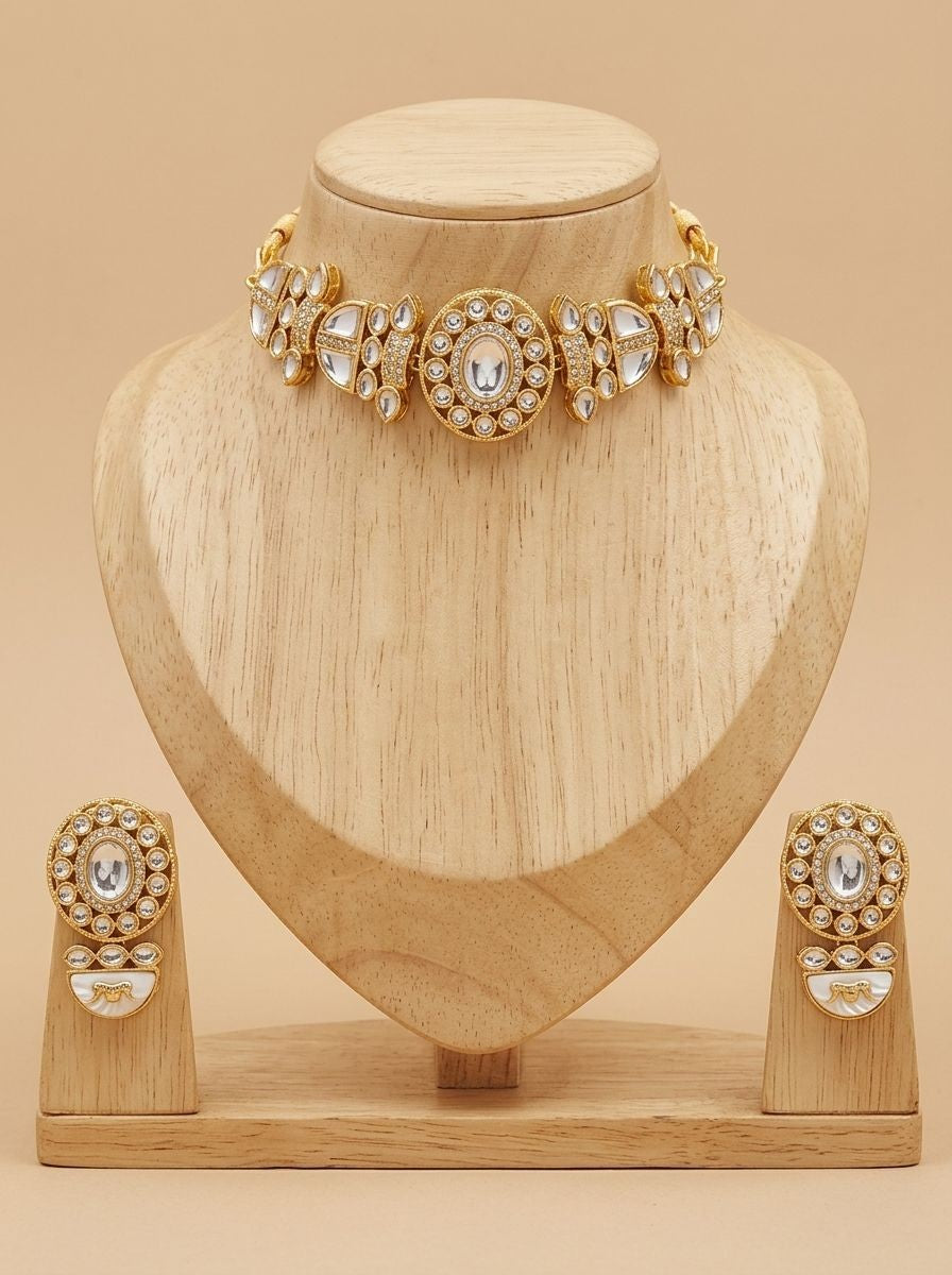 Aadhya Embossed Bengal Tiger Motif Polki Choker Necklace Set for Women - Festive Wear 