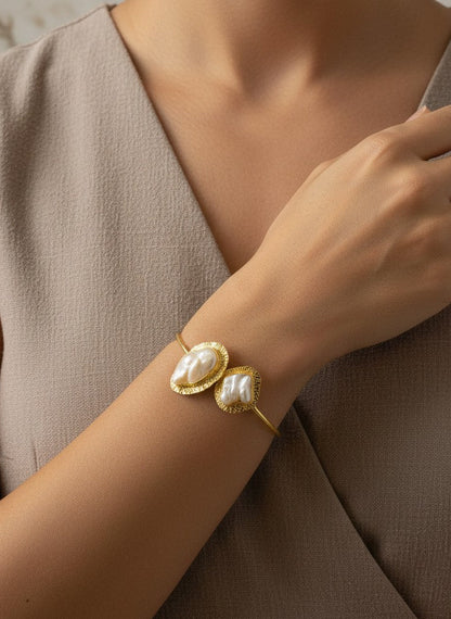 Aira Gold-Plated Open Cuff Bracelet with Baroque Pearl Accents for Women - All Occasions