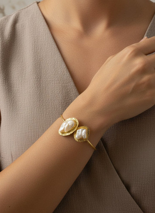 Aira Gold-Plated Open Cuff Bracelet with Baroque Pearl Accents for Women - All Occasions