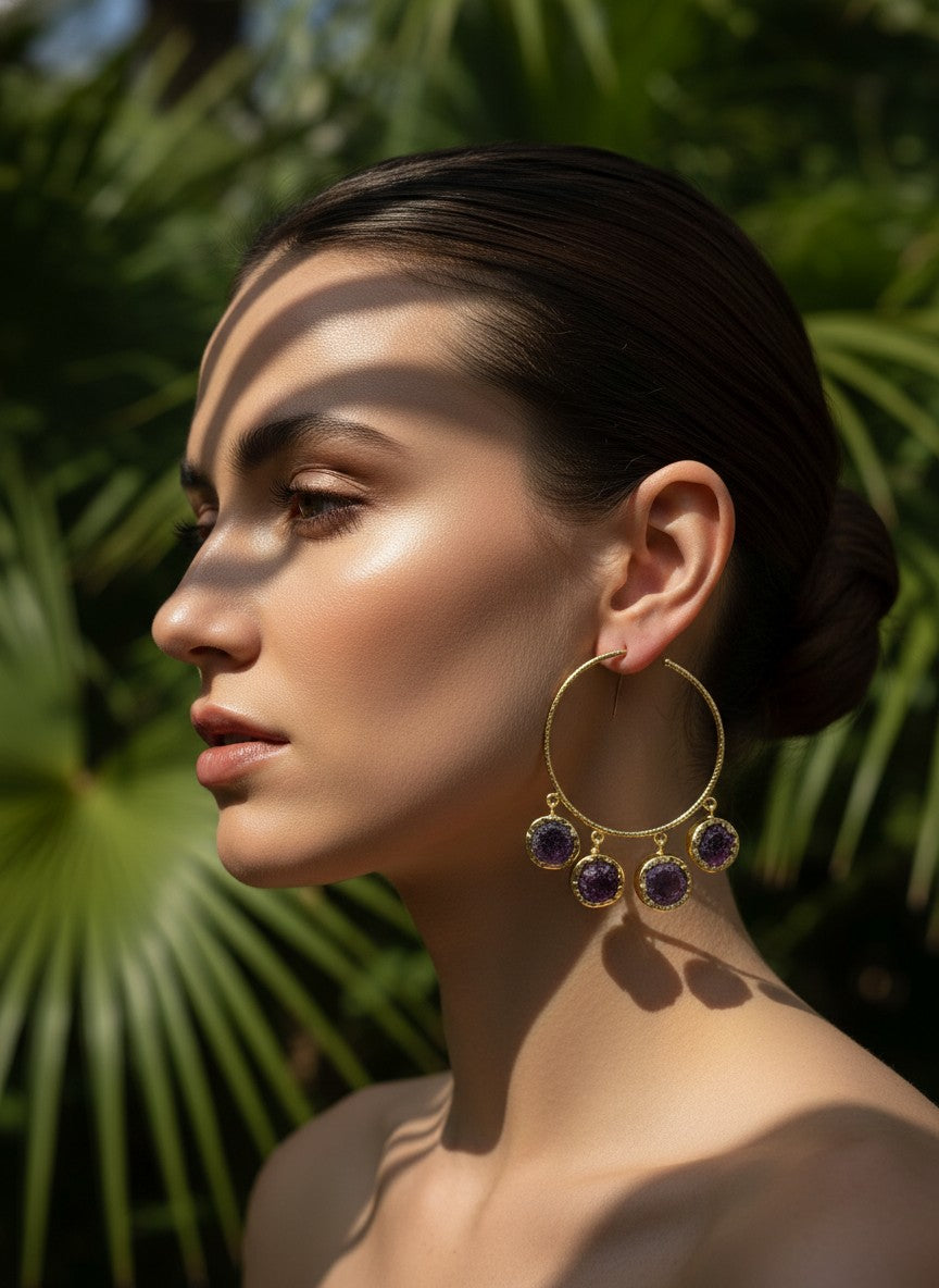 Amethyst Charm Gold Hoop Earrings for Women - All Occasion wear