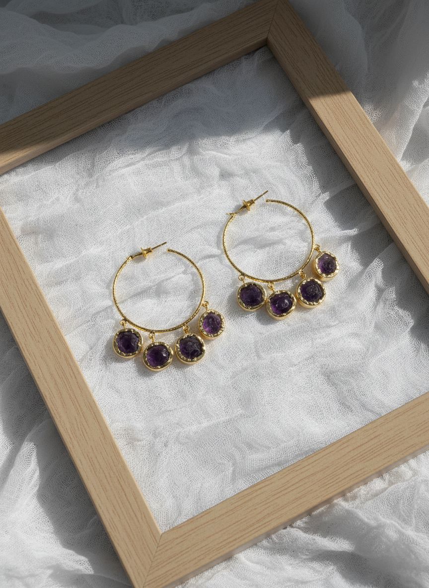 Amethyst Charm Gold Hoop Earrings for Women - All Occasion wear