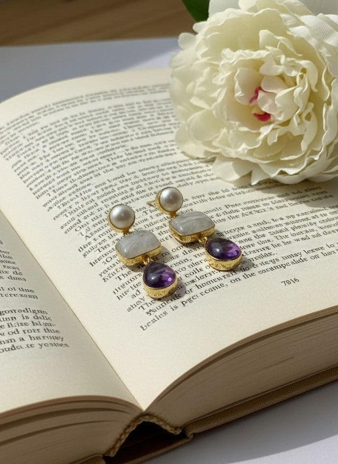Amethyst & Moonstone Pearl Gold Drop Dangler Earrings for Women - Party & Special Occasions 
